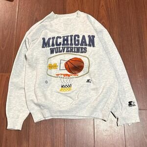 Vintage 90s Starter Michigan Wolverines Basketball Grey Sweatshirt Size Men's L